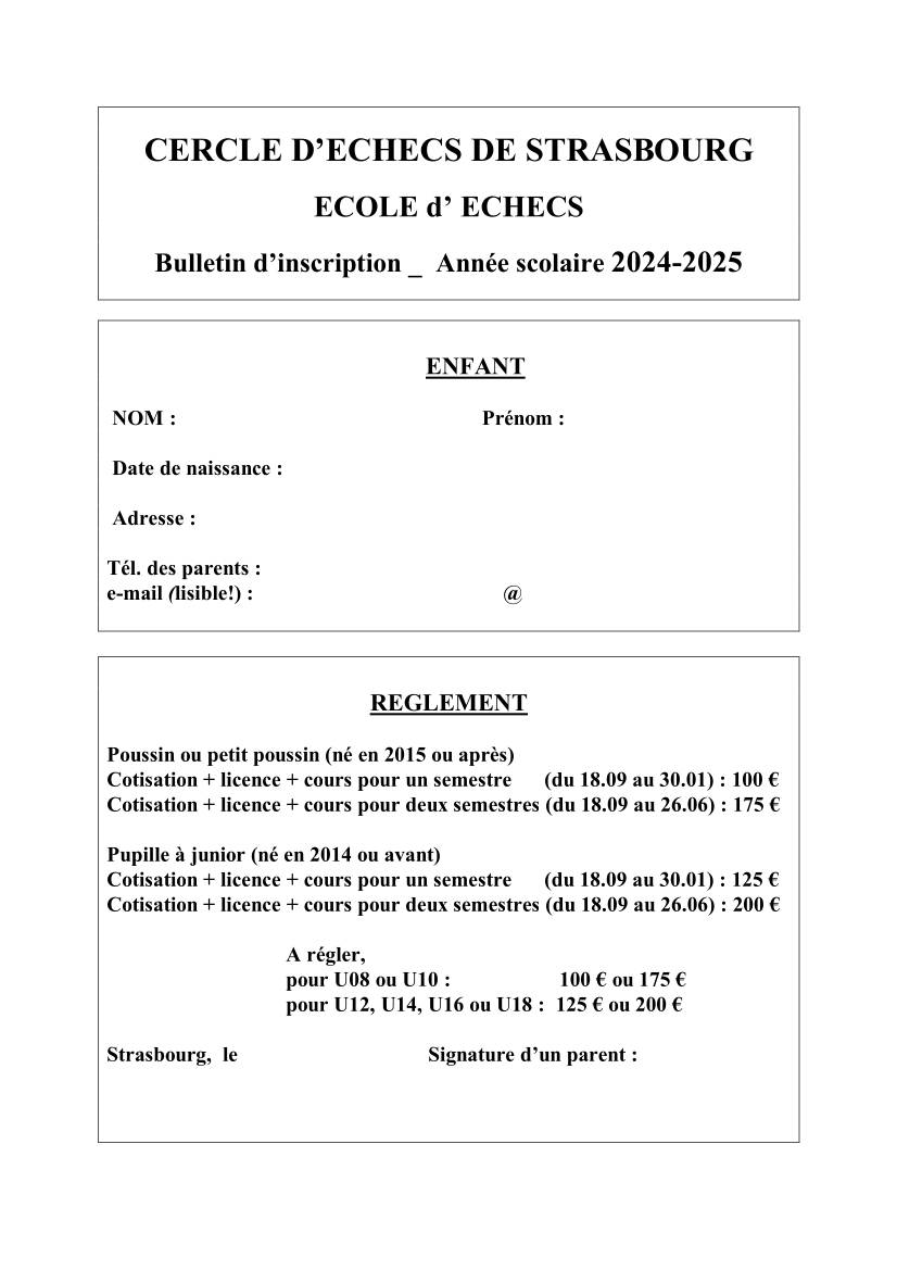 Bulletin dinscription Ecole dEchecs 2024 2025 page 1